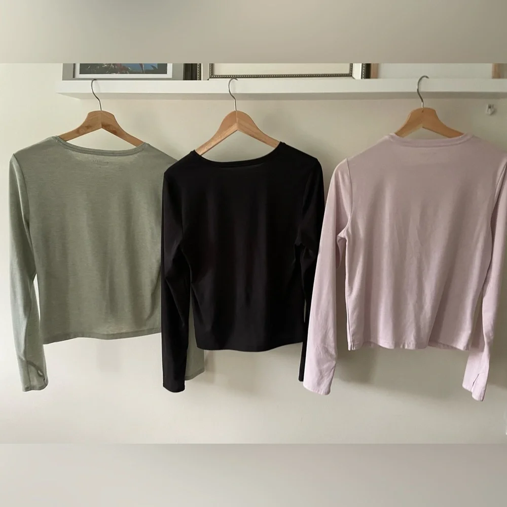 Set of THREE Medium Athleta Essence Twist Front Tops:  Black, Pink & Green - Picture 2 of 5